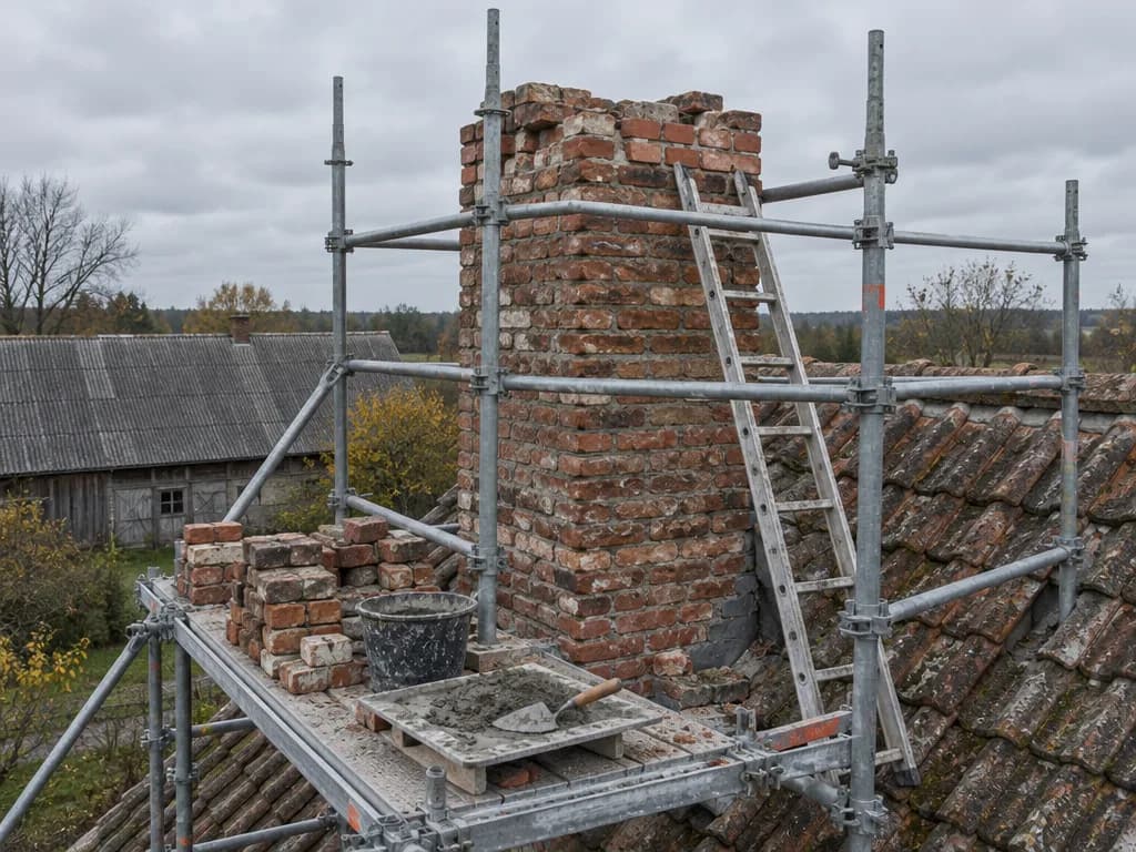 Tellisest korstnapiip renoveerimisel katusel, ümber tellingud, kõrval telliste virn ja segupann