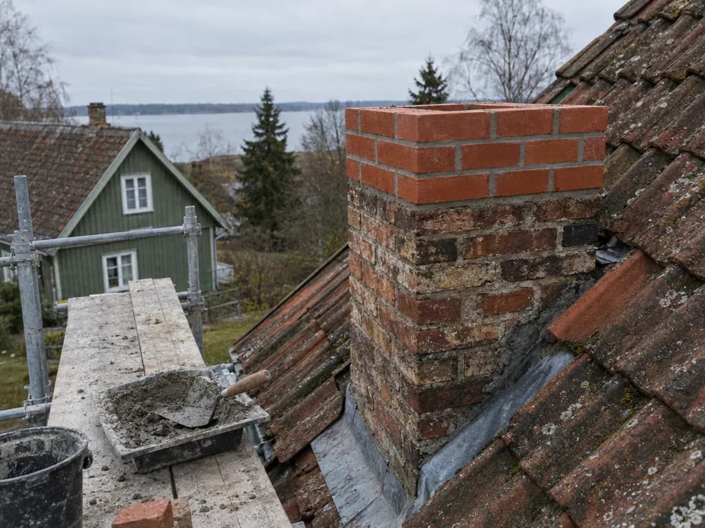 Äsja laotud tellisest korstnapits katusel, uus tellis vana kõrval, tellingulaud kaadris, hall taevas