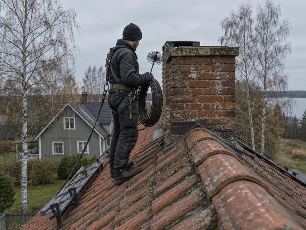 Korstnapühkija turvarakmetes seisab kivikatusel tellisest korstnapiibu kõrval, käes kokkukeritud puhastusvardad, taustal hall sügistaevas ja kaselehed