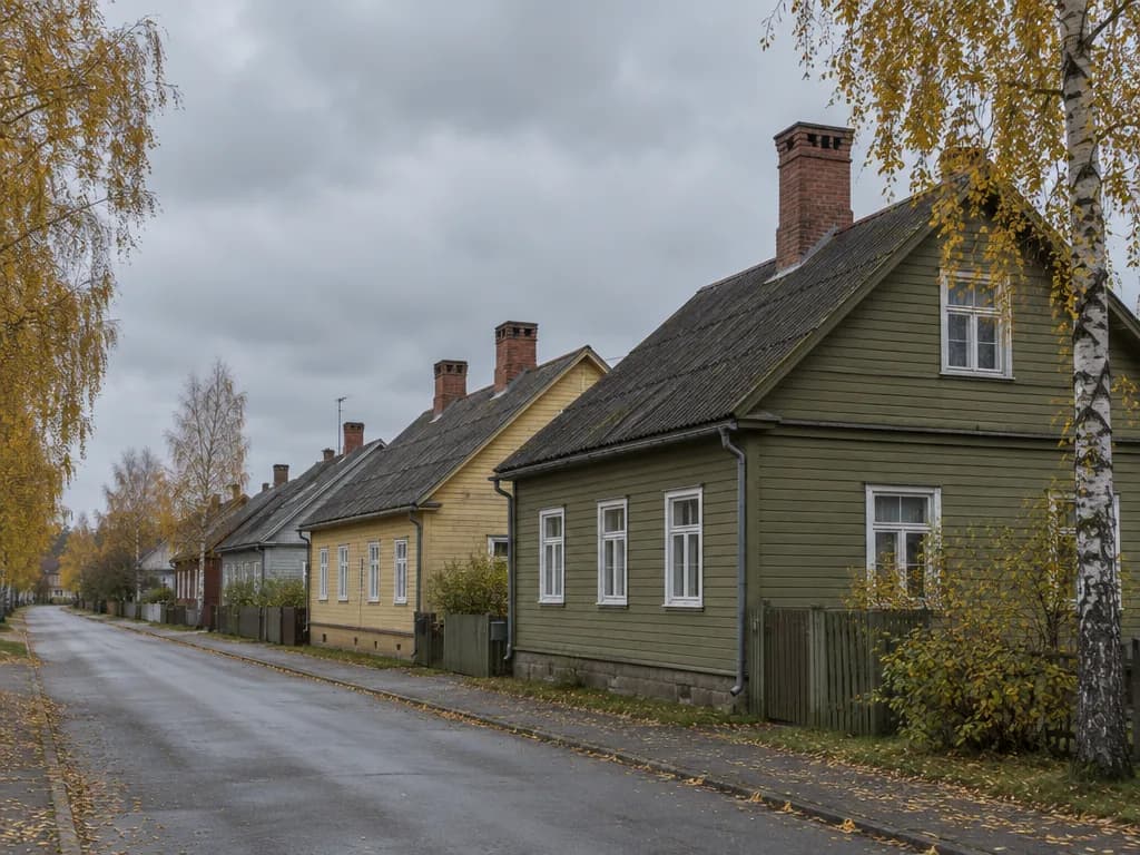Rida Eesti puumaju sügisel, tellisest korstnapiibud katustel, hall taevas