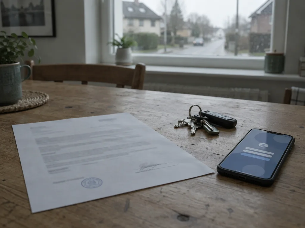Prinditud dokument, autovõtmed ja sisselogimisekraaniga nutitelefon köögilaual, taustal hägune tänavavaade