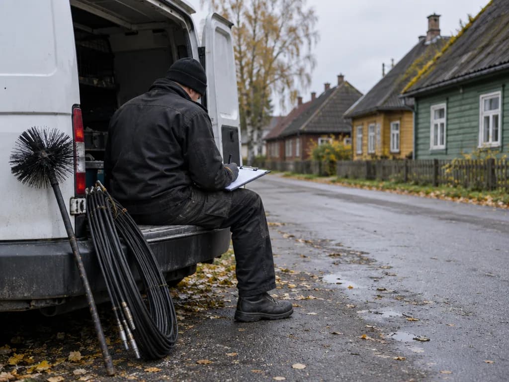 Korstnapühkija tumedas tööriietuses täidab autobussi tagaosas paberit, kõrval korstnaharjad ja voolikud, taustal eesti puumajad sügisel