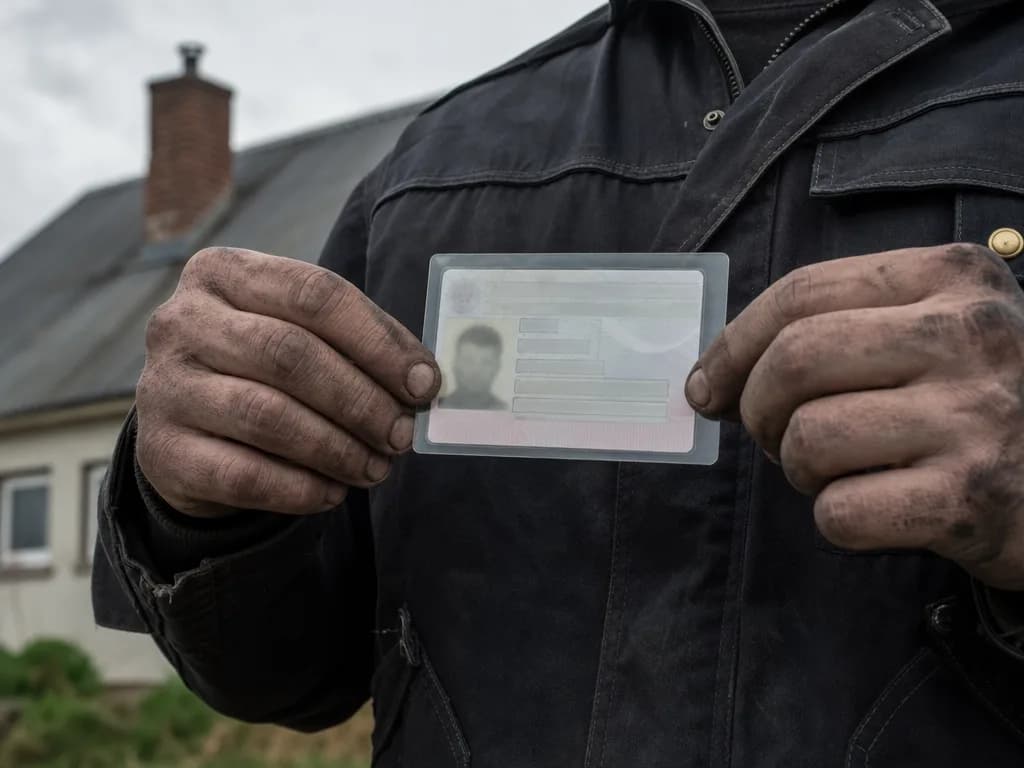 Korstnapühkija tahmased käed hoiavad lamineeritud kutsetunnistust, taustal hägune eesti maja tellisest korstnaga