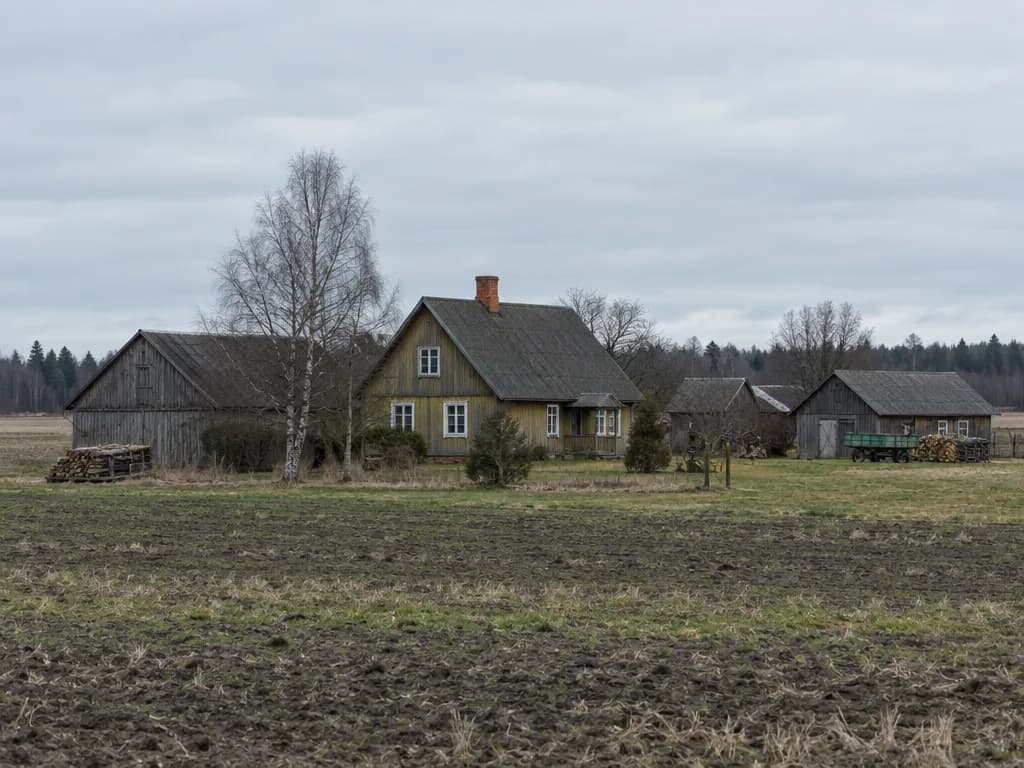Taluhoone koos kõrvalhoonetega lagedal Järvamaa põllumaastikul