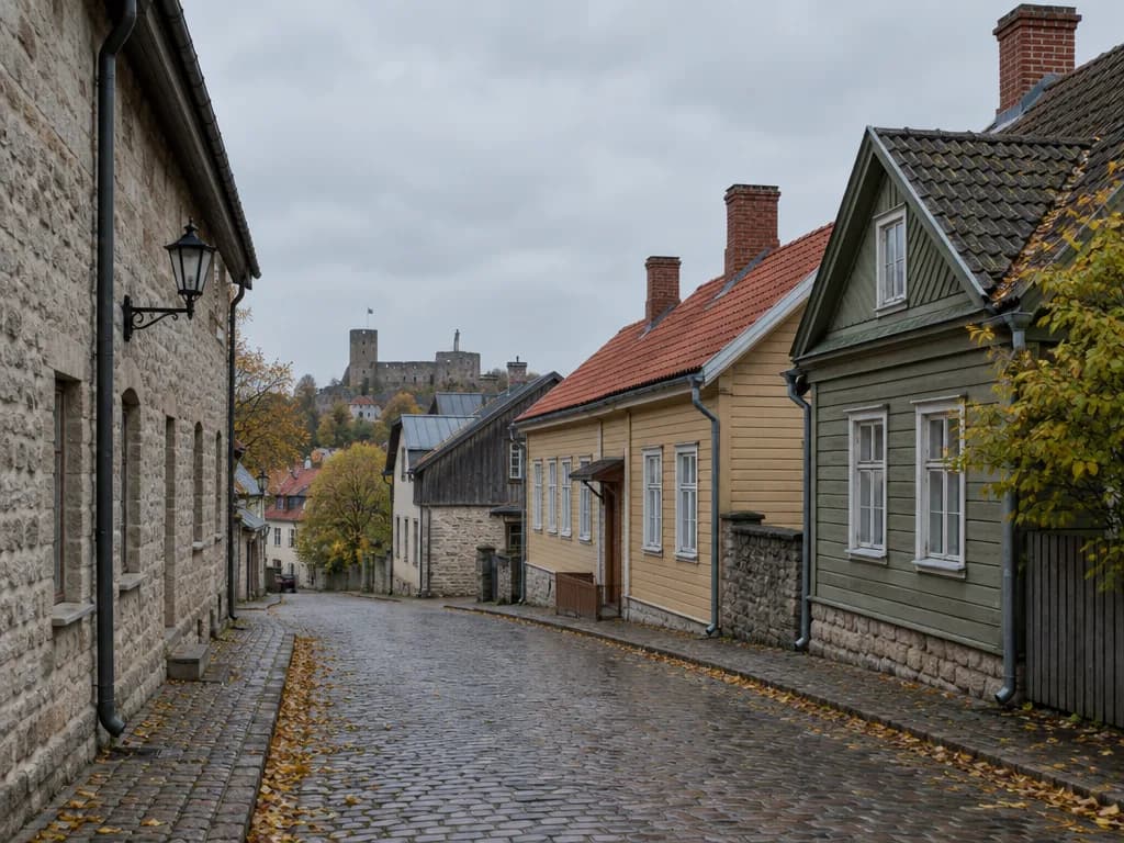 Rakvere kesklinna paekivi- ja puumajade tänav sügisel