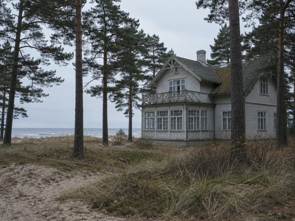Vana puidust suvevilla kõrgete mändide all mere ääres Pärnumaal, tasane hall valgus