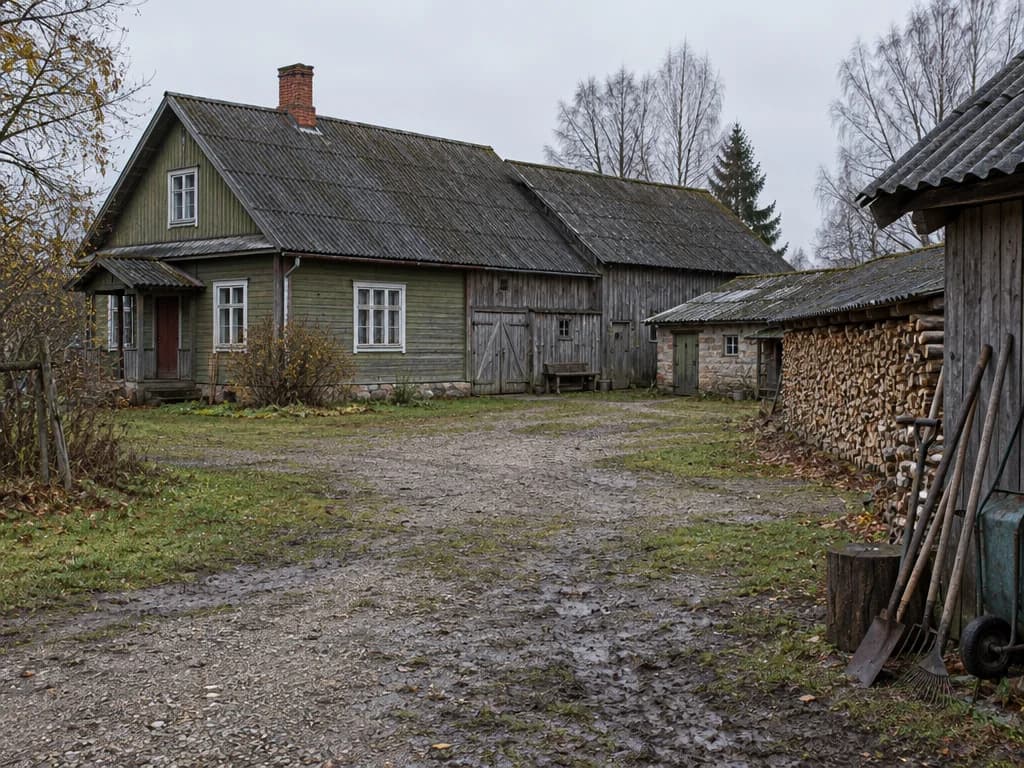 Talumaja õu koos kuuriga ja talveks laotud küttepuudega Raplamaal