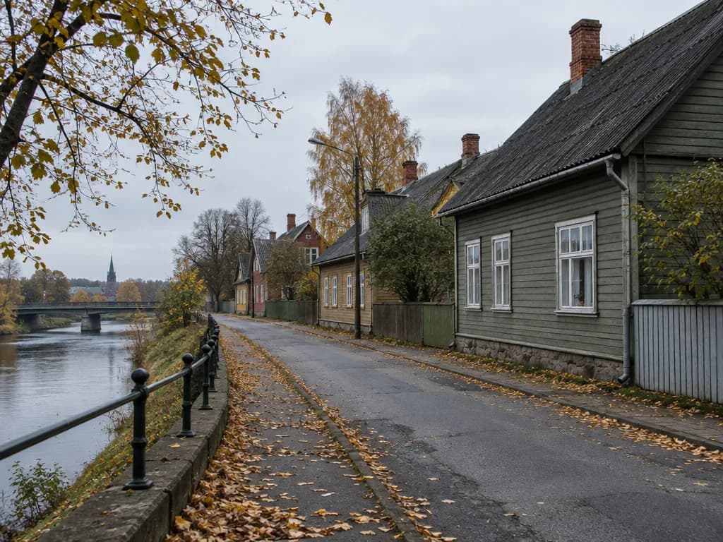 Puumajad Tartu Supilinna tänaval jõe ääres sügisel