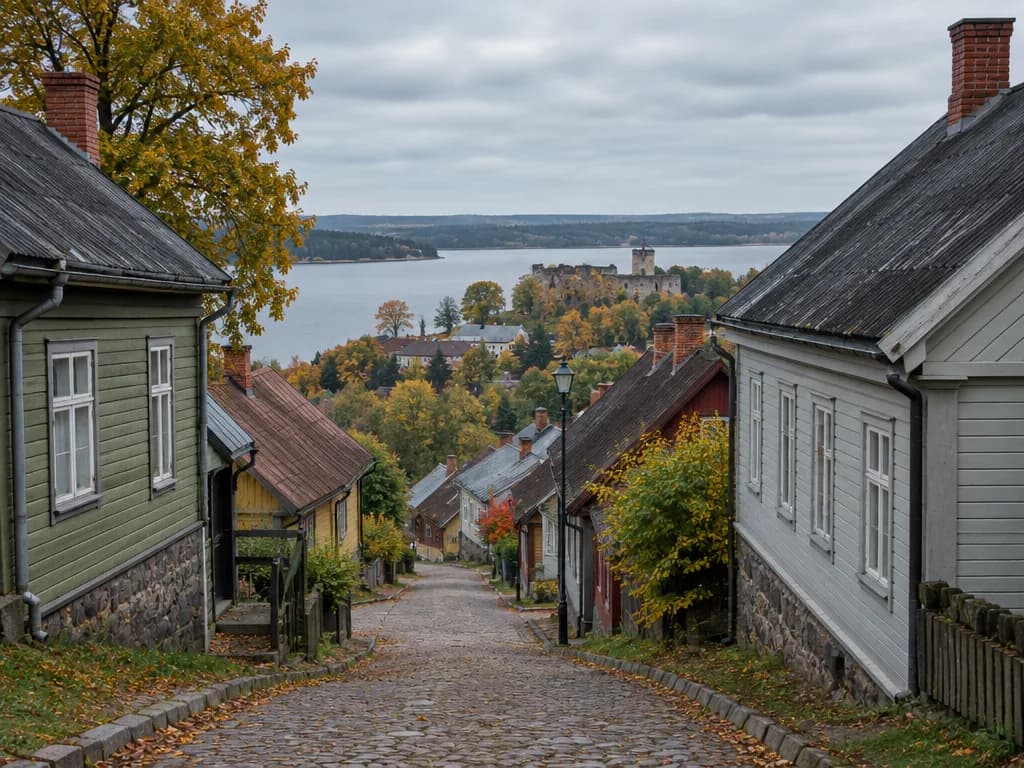 Puumajad künklikul tänaval Viljandis sügisel, tellistest korstnad katustel