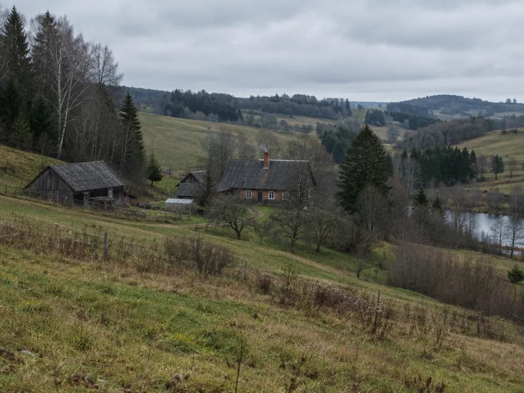 Lainjas Lõuna-Eesti maastik taluõuega Võrumaal