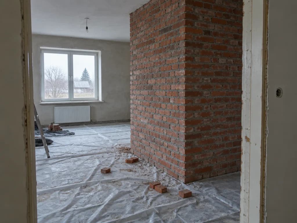 Vaade ukseavast poolelioleva remondiga tuppa, kahe ruumi vahel seisab äsja laotud tellisest soojamüür, põrand kaetud kaitsekilega, hall päevavalgus aknast