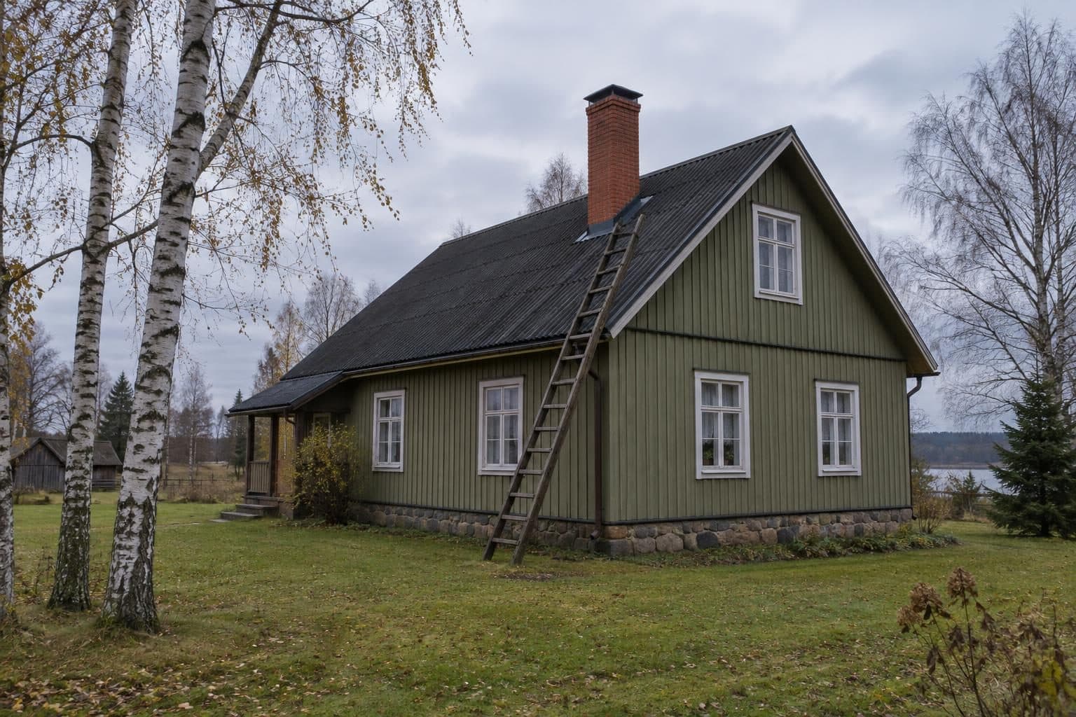 Rohelise laudisega eramu, katusel punastest tellistest korsten ja redel vastu räästast