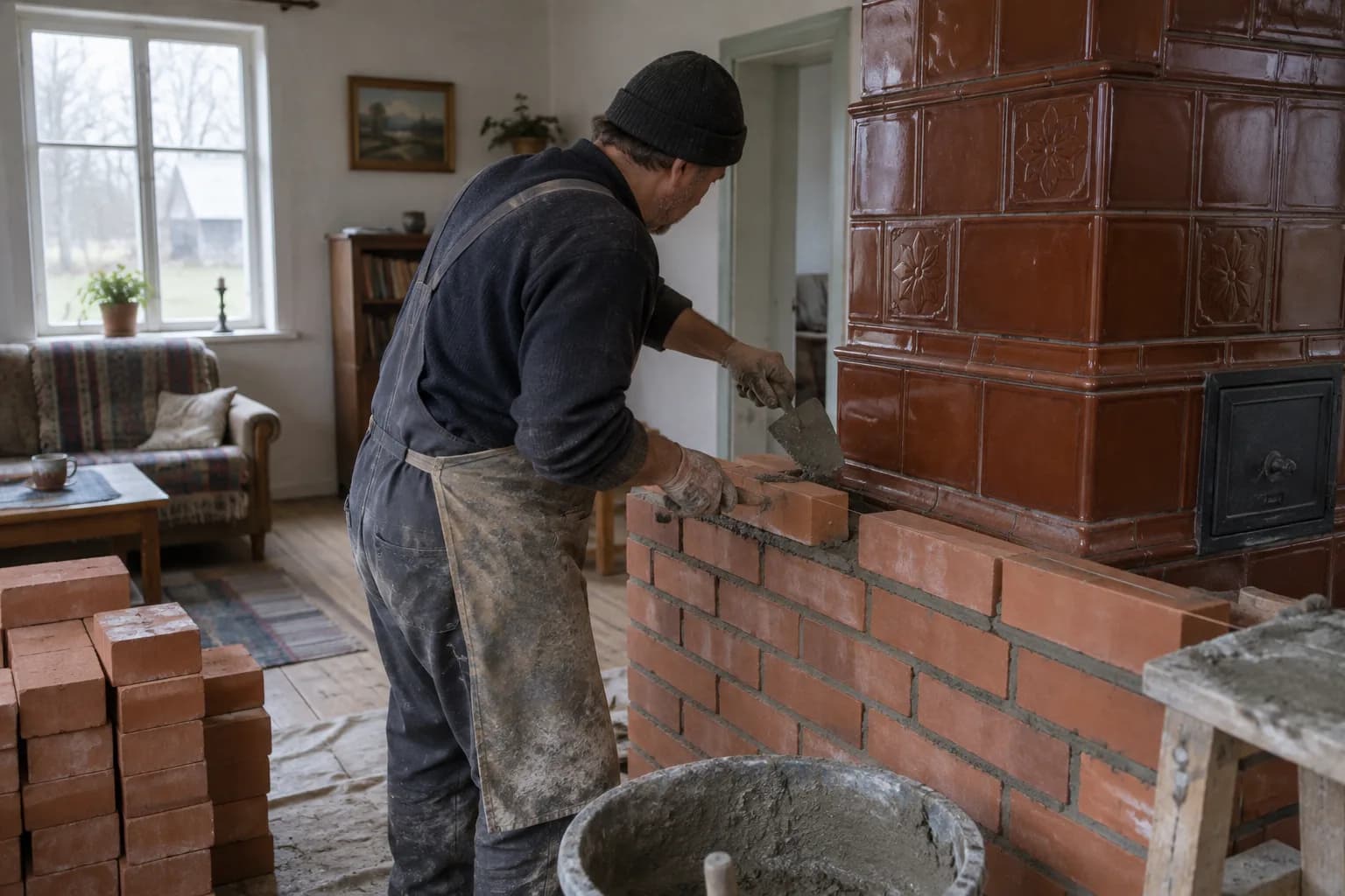 Pottsepp laob elutoas telliskivist ahju, kõrval plaatidega kaetud ahi